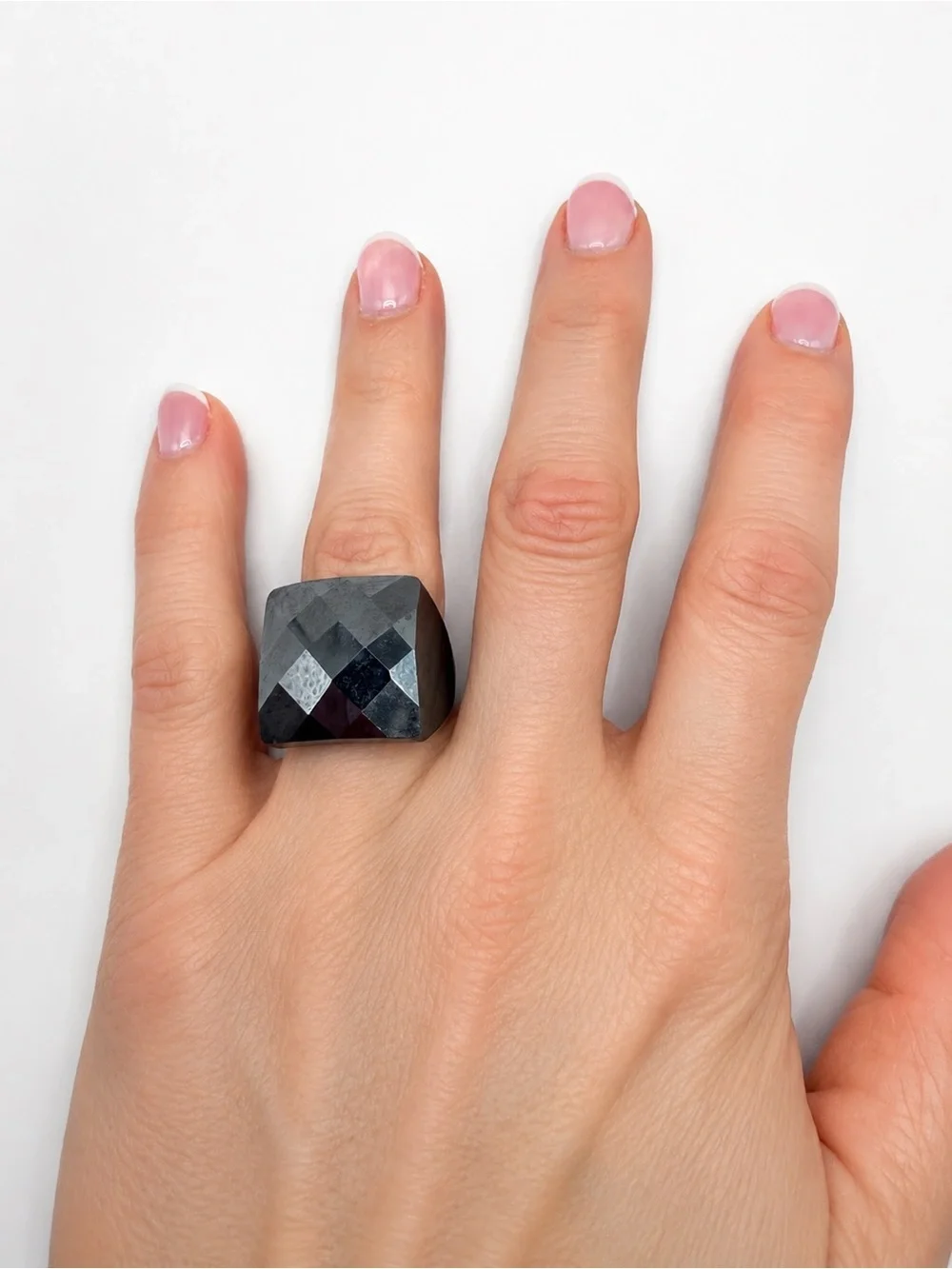 Hematite Faceted Ring Statement 8 Cocktail Checkerboard Natural 21g Large Carved